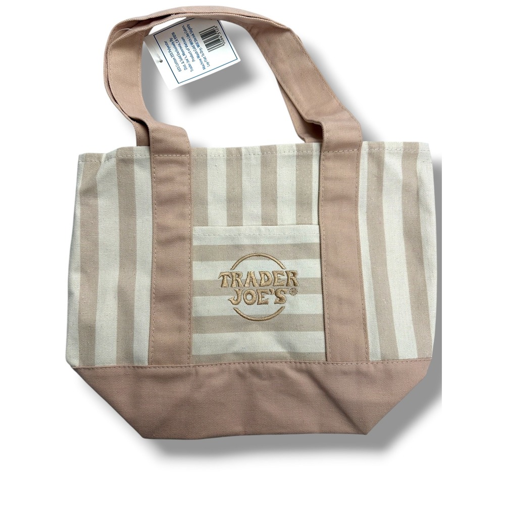 Trader Joes Striped Mini Canvas Tote Bag Set of 4 Pink Blue Green Tan NWT - Picture 5 of 7
